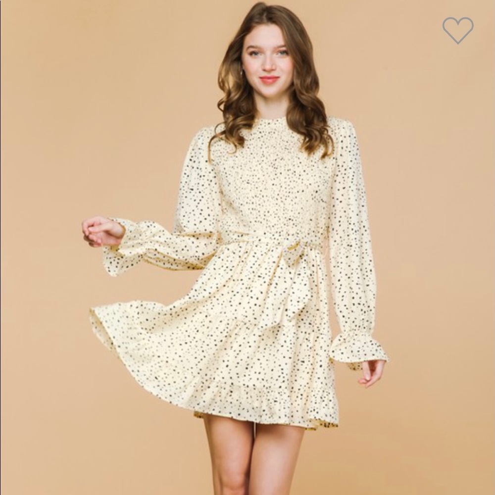 New- Fit and Flare Cream Confetti midi Long Sleeve Dress